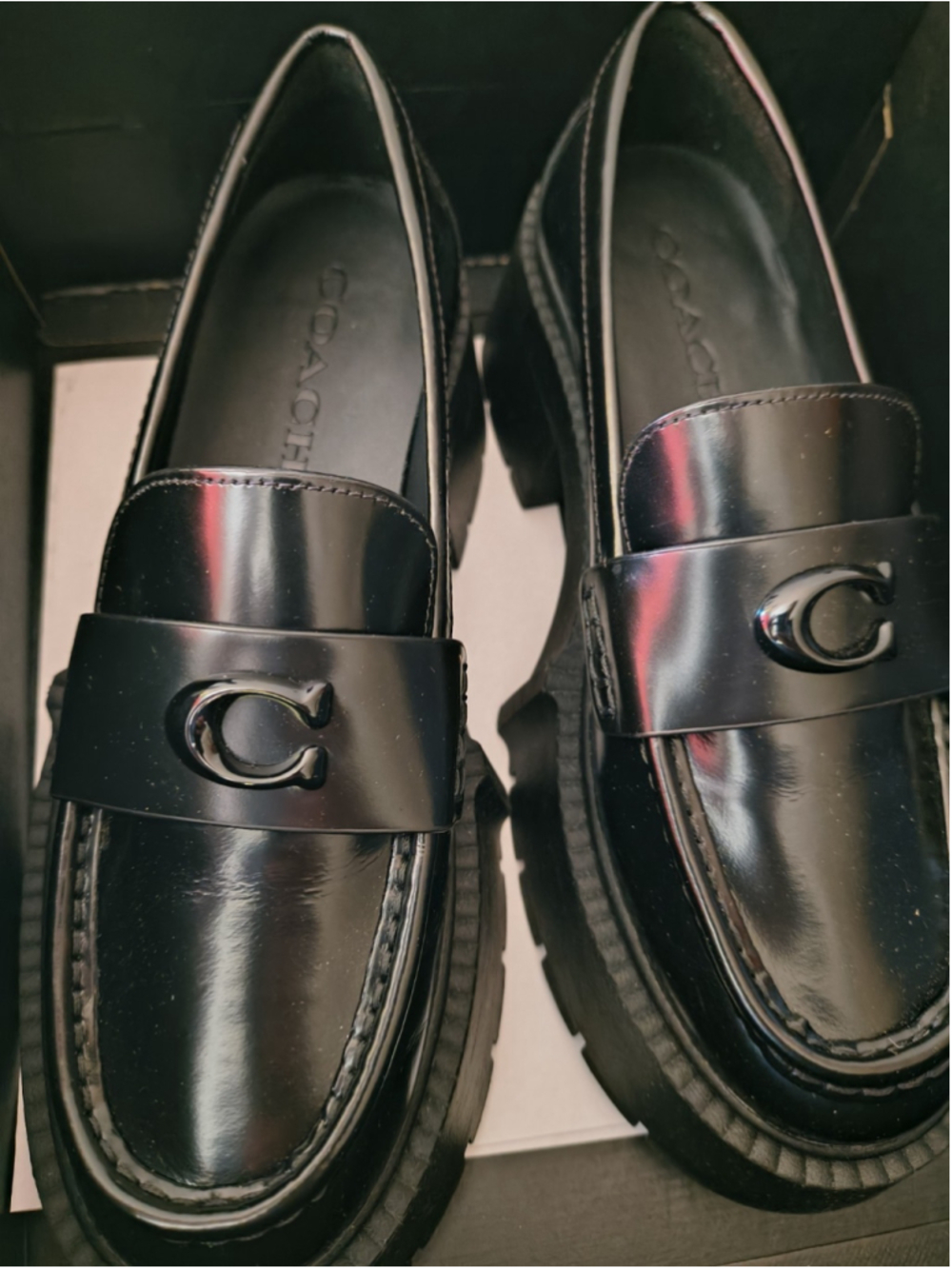 Coach Leather Platform Loafers Black Slip-On Logo Women's US 5 B